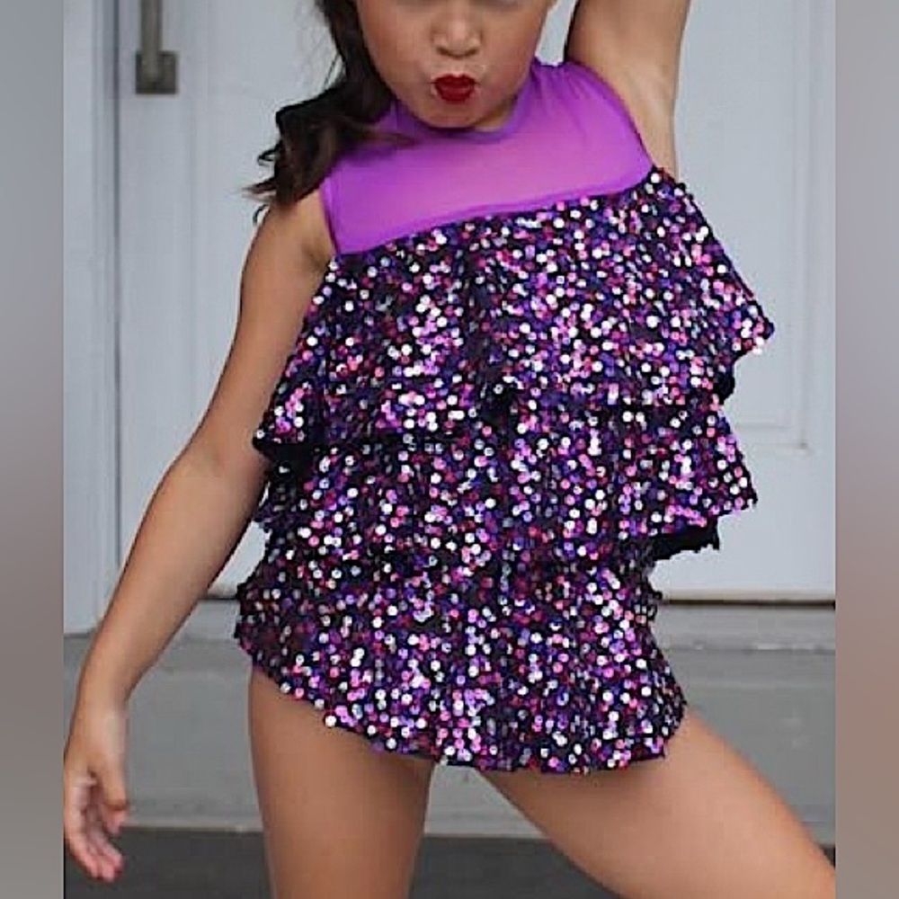 Weissman Kids Dance Costume in Purple and Black Sequins